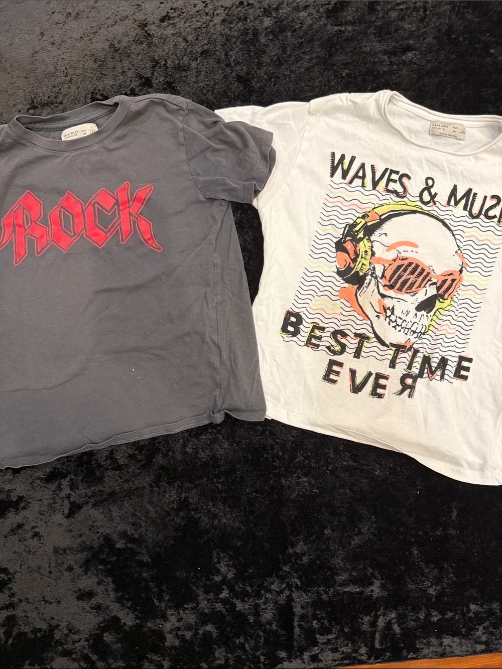 Two Zara Kids Graphic Tee - White 'Waves & Music' Skull and “Rock” Design